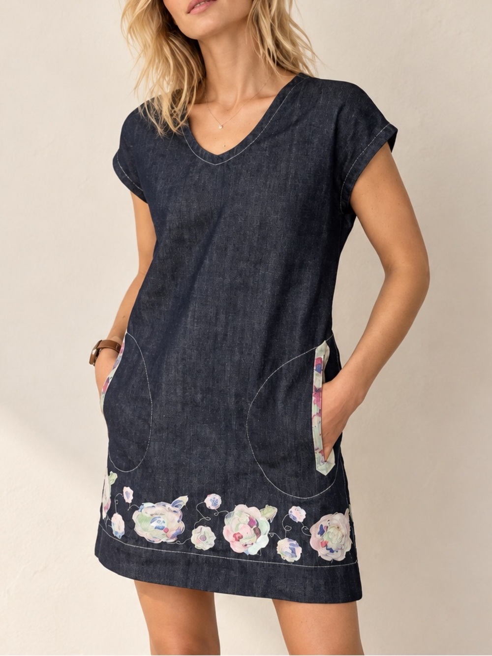 Recycled Seams Thick Blue Dark Denim Floral Appliqué Shift Mini Dress